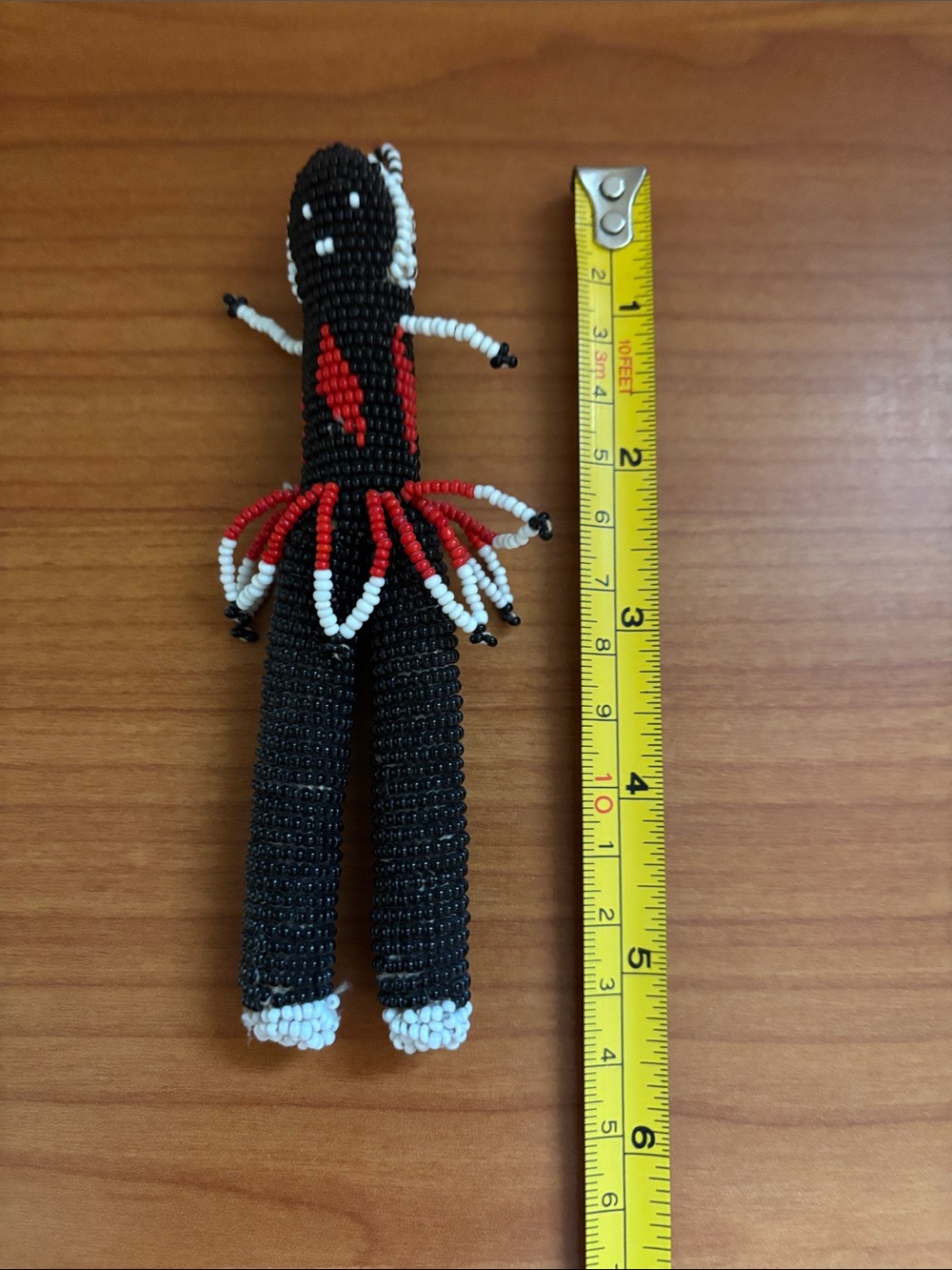 Handcrafted Zulu or Ndebele Black Beaded Doll with Red & White Accents